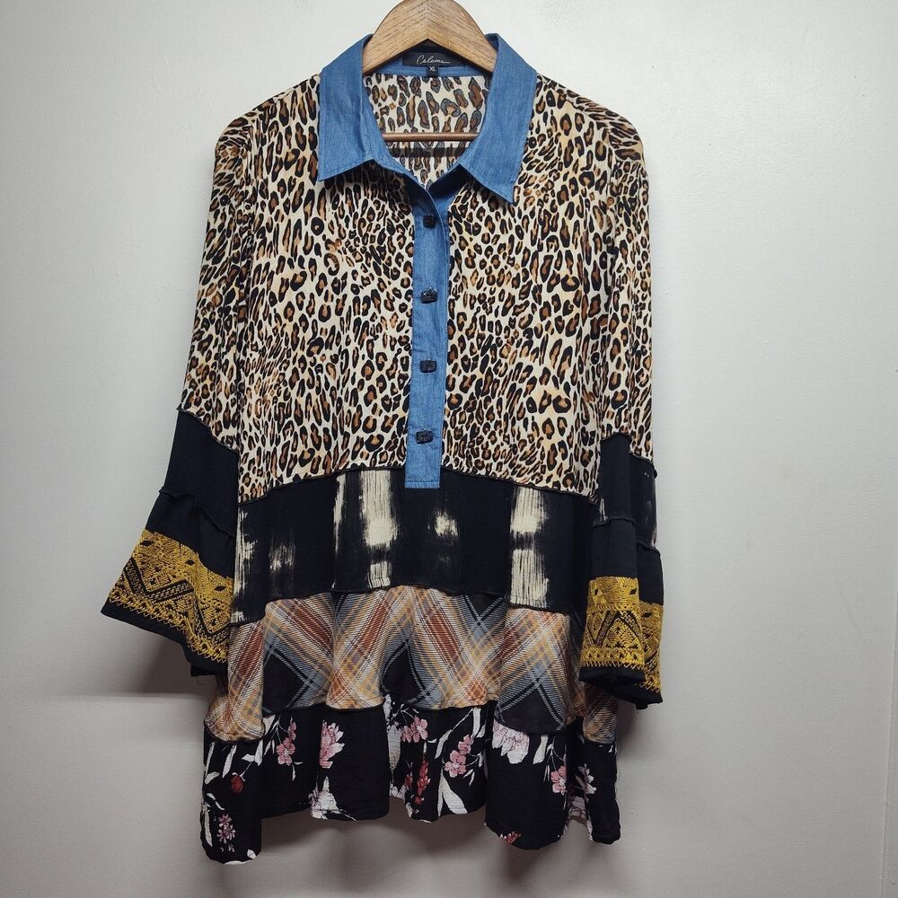 Caleooa Tunic Top Women Size XL Tan Leopard Floral 3/4 Sleeve Art To Wear Casual